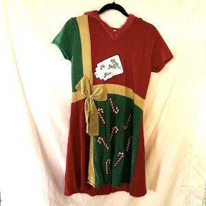 NOBO Woman's 'To - From' Tag & Bow Ugly Sweater Hooded Dress Size XL